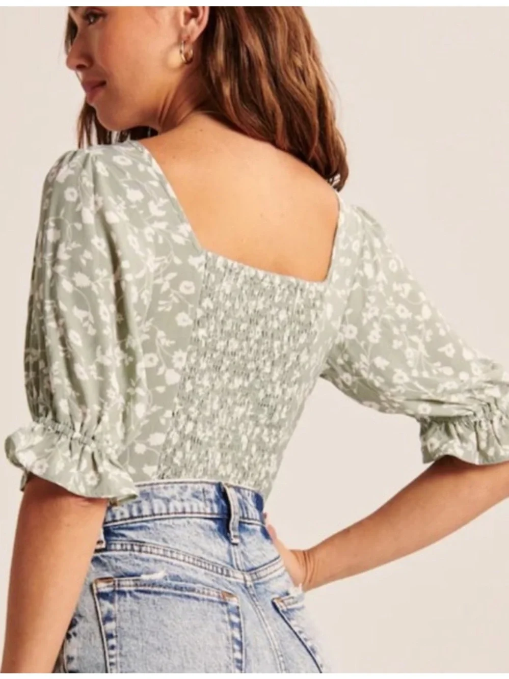 Abercrombie and Fitch Floral Sage Milkmaid Top XXS Ruched Cottagecore Fairy